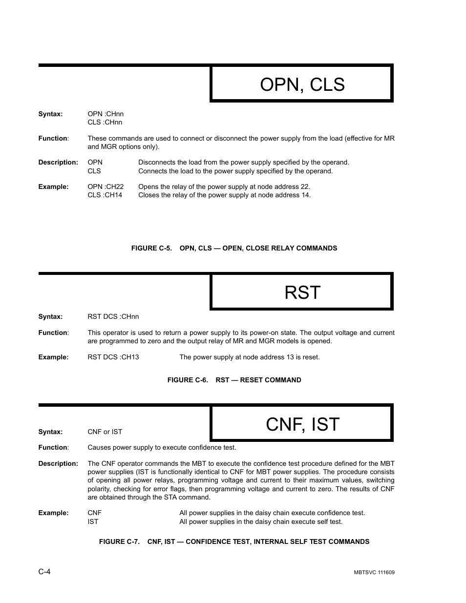 Figure c-5. opn, cls — open, close relay commands, Figure c-6. rst — reset command, Opn, cls | Cnf, ist | KEPCO MBT Series User Manual | Page 150 / 152