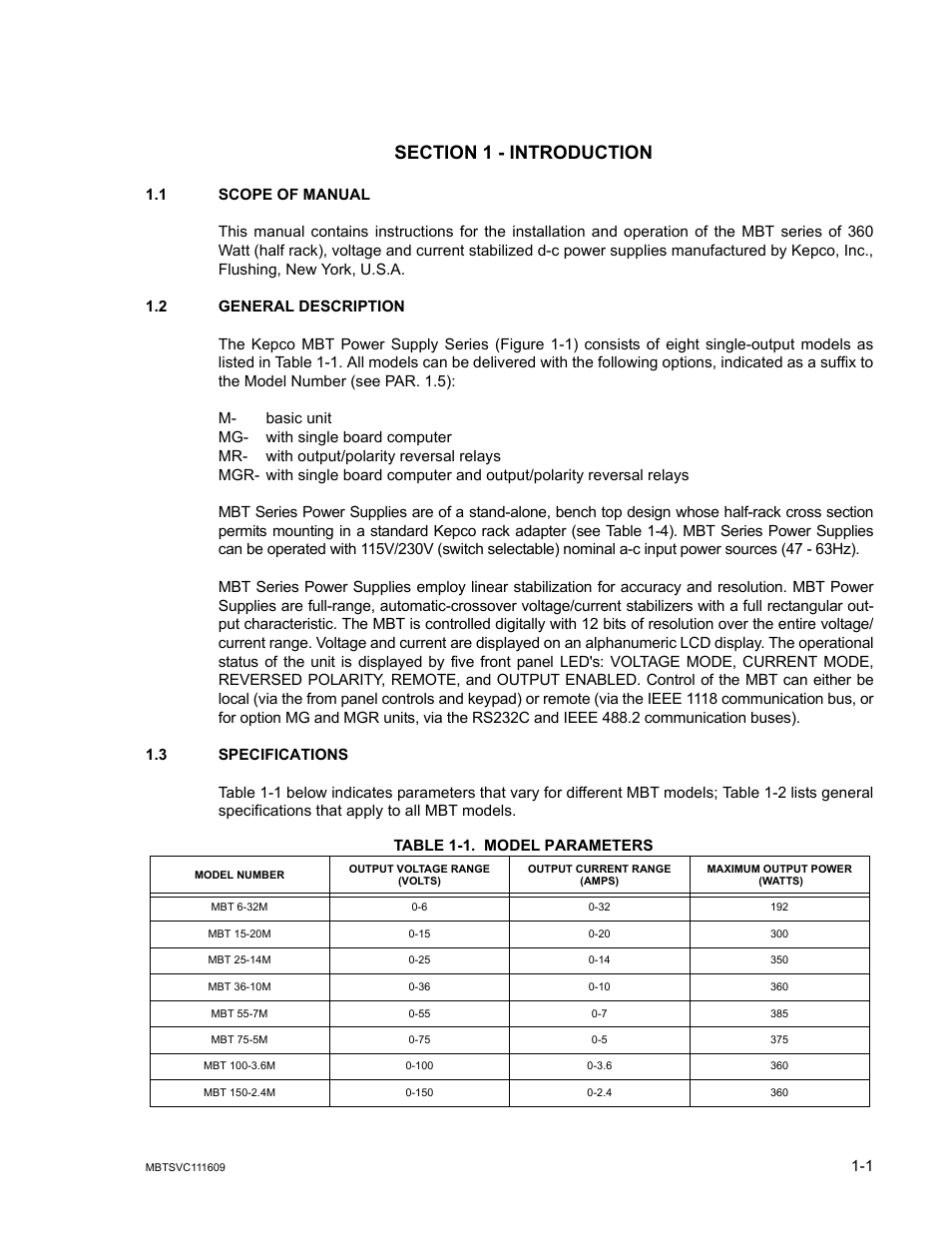 Section 1 - introduction, 1 scope of manual, 2 general description | 3 specifications, Table 1-1. model parameters, Scope of manual -1, General description -1, Specifications -1, Model parameters -1 | KEPCO MBT Series User Manual | Page 17 / 152