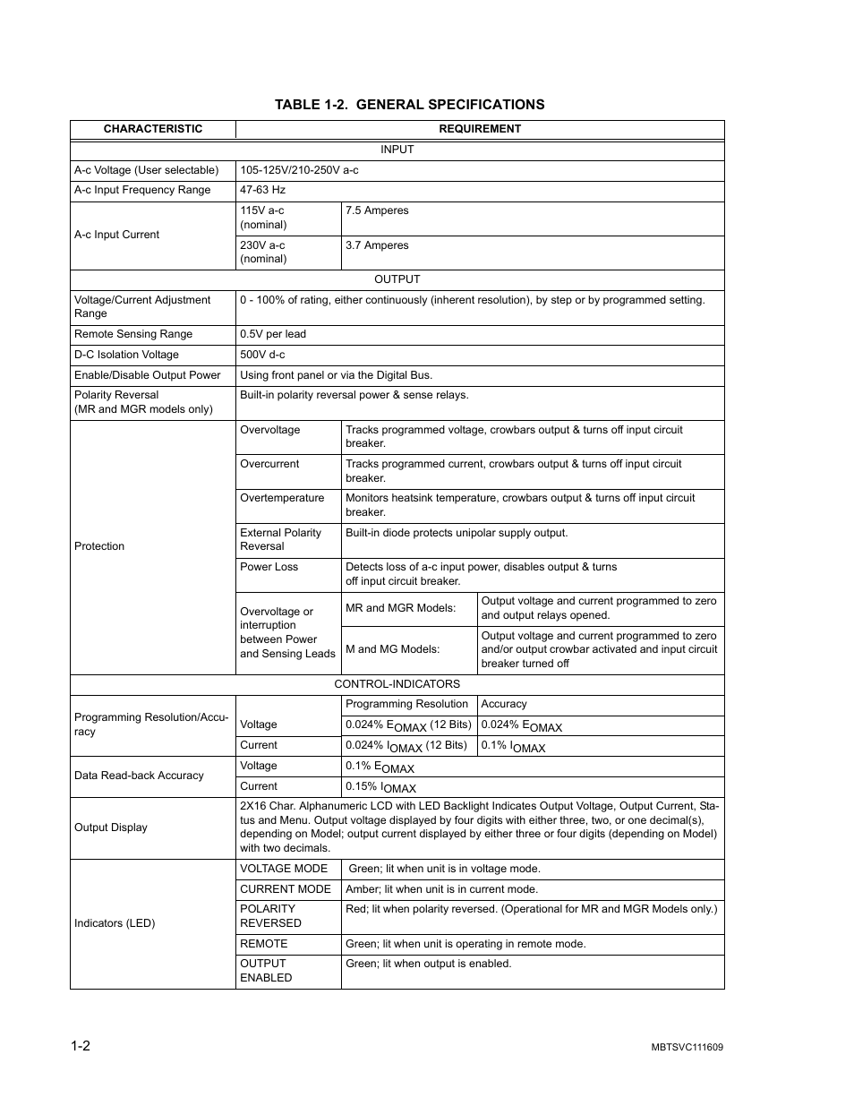 Table 1-2. general specifications, General specifications -2, E 1-2 | KEPCO MBT Series User Manual | Page 18 / 152