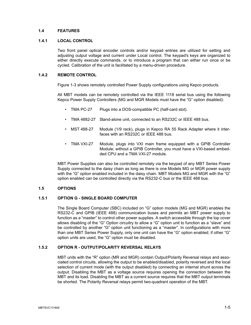 4 features, 1 local control, 2 remote control | 5 options, 1 option g - single board computer, 2 option r - output/polarity reversal relays, Features -5, Local control -5, Remote control -5, Options -5 | KEPCO MBT Series User Manual | Page 21 / 152