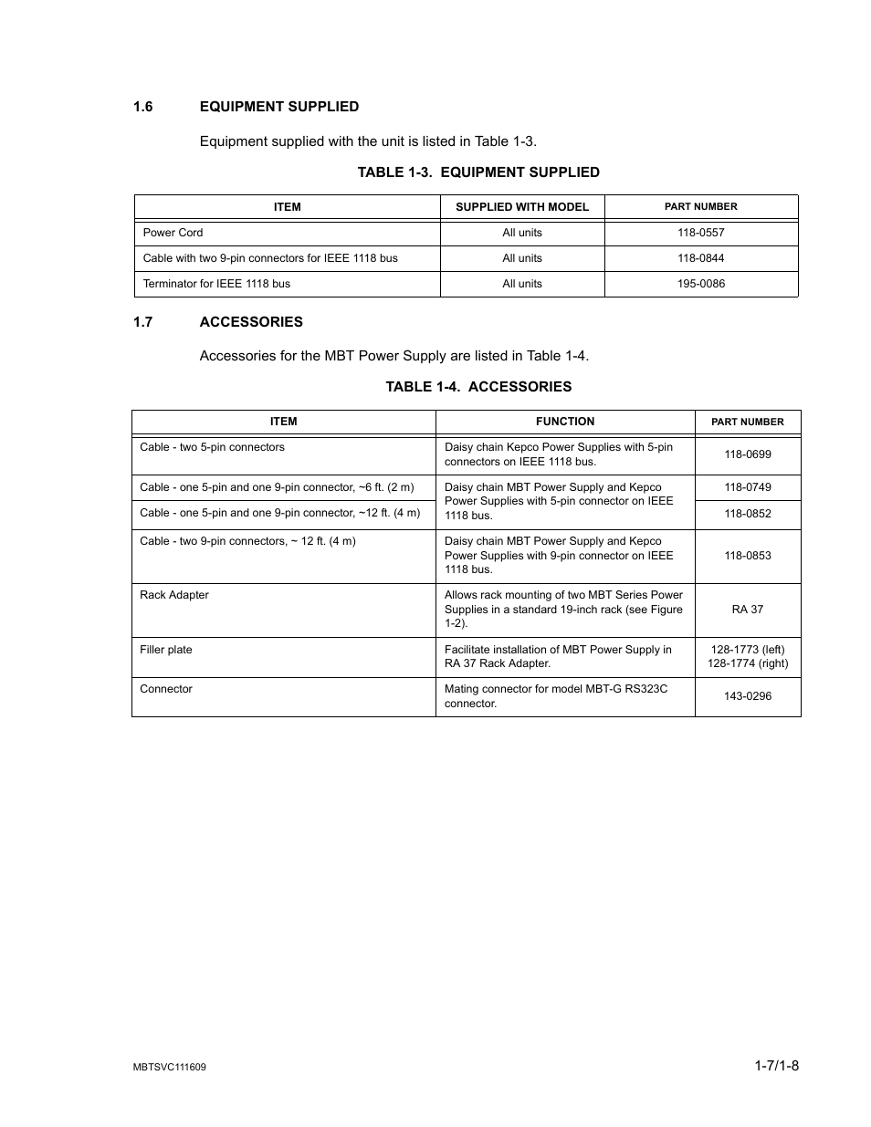 6 equipment supplied, Table 1-3. equipment supplied, 7 accessories | Table 1-4. accessories, Equipment supplied -7, Accessories -7, 4). m | KEPCO MBT Series User Manual | Page 23 / 152