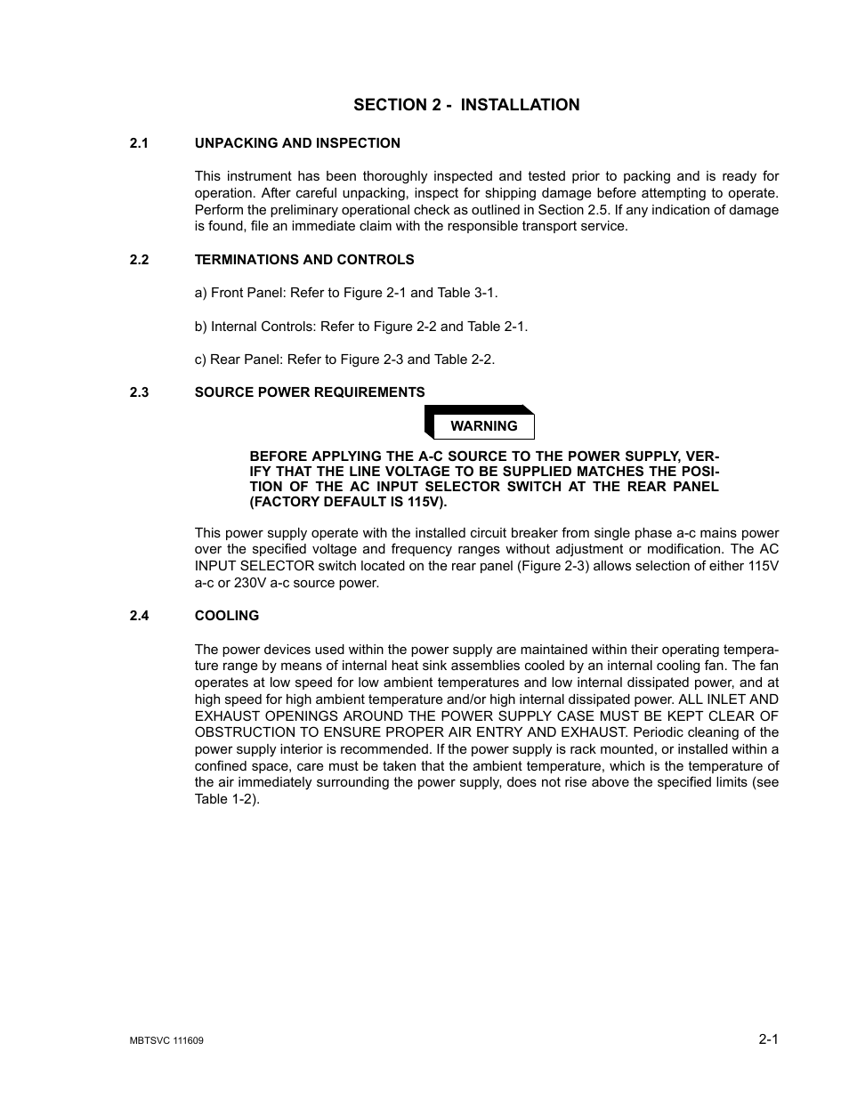 Section 2 - installation, 1 unpacking and inspection, 2 terminations and controls | 3 source power requirements, 4 cooling, Unpacking and inspection -1, Terminations and controls -1, Source power requirements -1, Cooling -1 | KEPCO MBT Series User Manual | Page 25 / 152