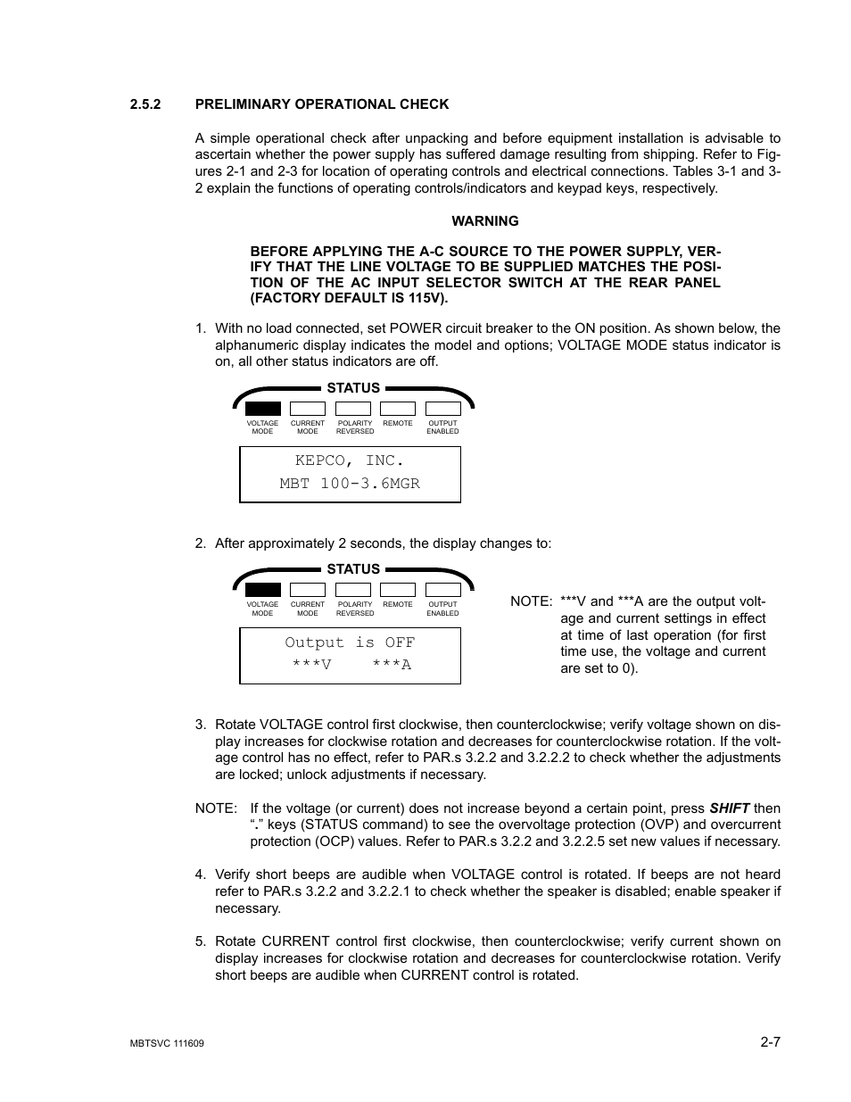 2 preliminary operational check, Preliminary operational check -7, Output is off ***v ***a | KEPCO MBT Series User Manual | Page 31 / 152