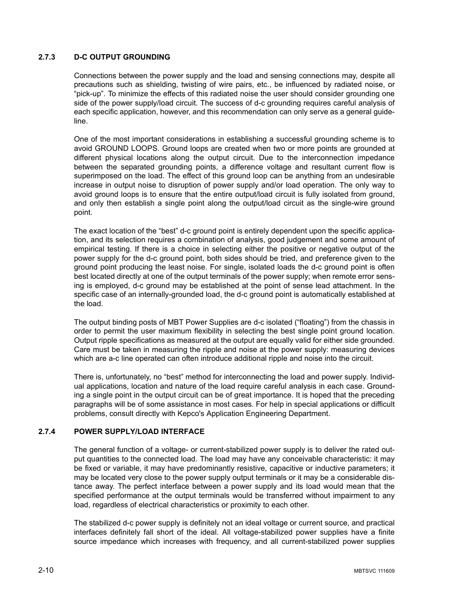 3 d-c output grounding, 4 power supply/load interface, D-c output grounding -10 | Power supply/load interface -10 | KEPCO MBT Series User Manual | Page 34 / 152