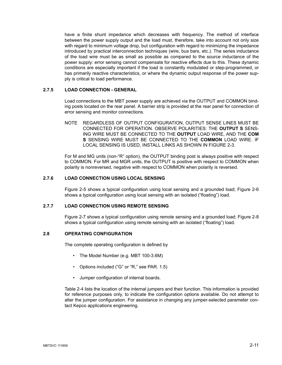 5 load connection - general, 6 load connection using local sensing, 7 load connection using remote sensing | 8 operating configuration, Load connection - general -11, Load connection using local sensing -11, Load connection using remote sensing -11, Operating configuration -11 | KEPCO MBT Series User Manual | Page 35 / 152