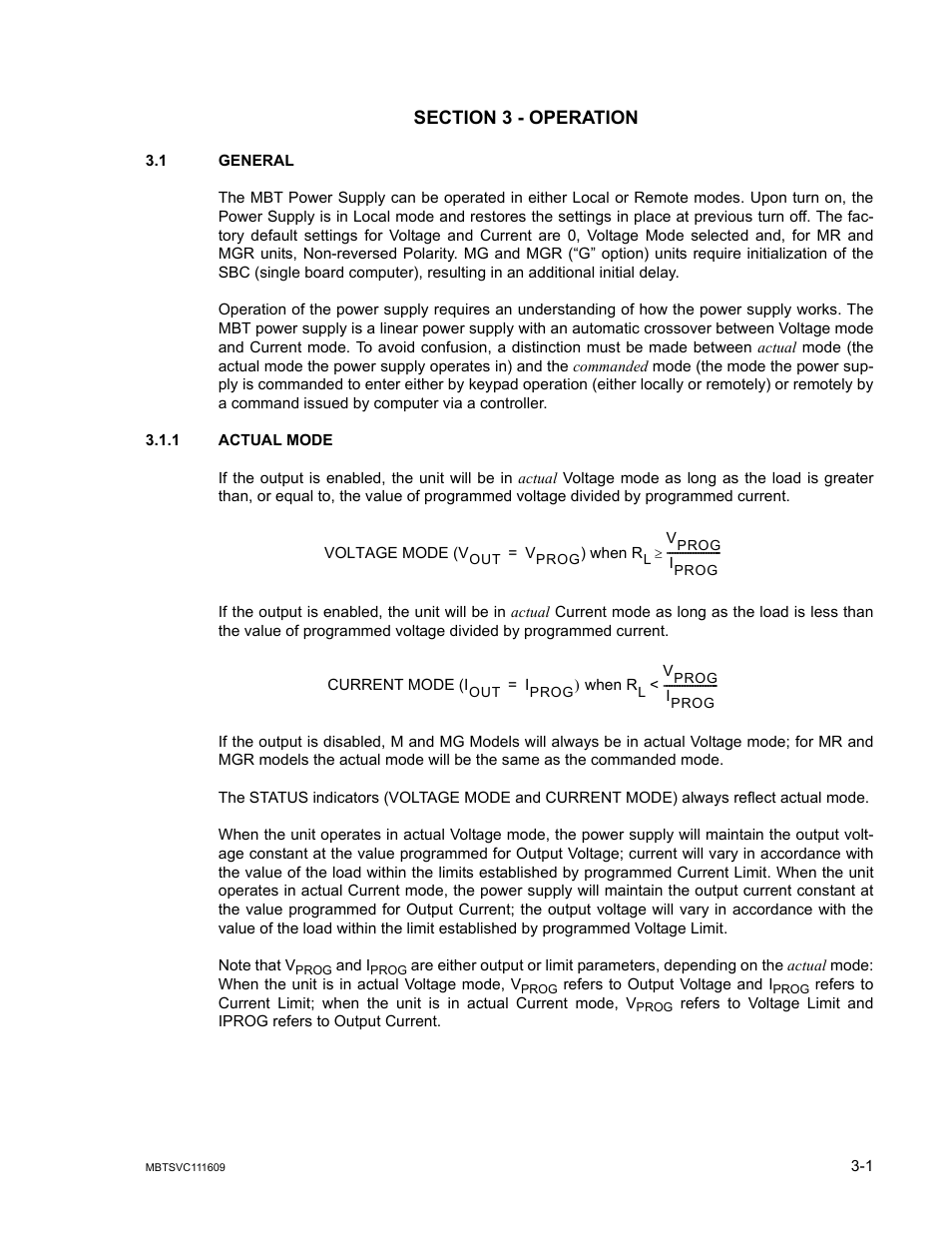 Section 3 - operation, 1 general, 1 actual mode | General -1, Actual mode -1 | KEPCO MBT Series User Manual | Page 39 / 152