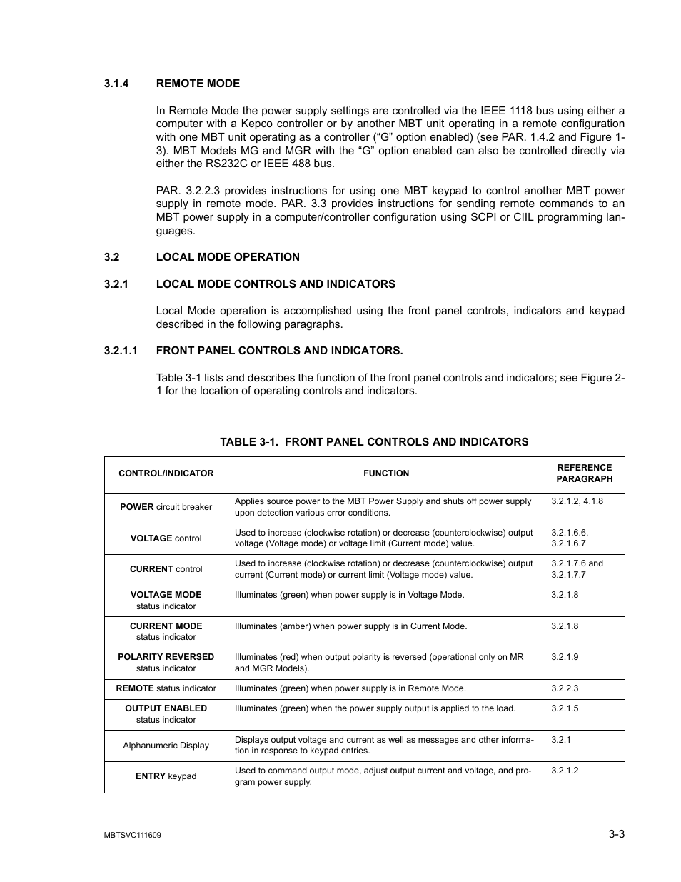 4 remote mode, 2 local mode operation, 1 local mode controls and indicators | 1 front panel controls and indicators, Table 3-1. front panel controls and indicators, Remote mode -3, Local mode operation -3, Local mode controls and indicators -3, Front panel controls and indicators -3 | KEPCO MBT Series User Manual | Page 41 / 152