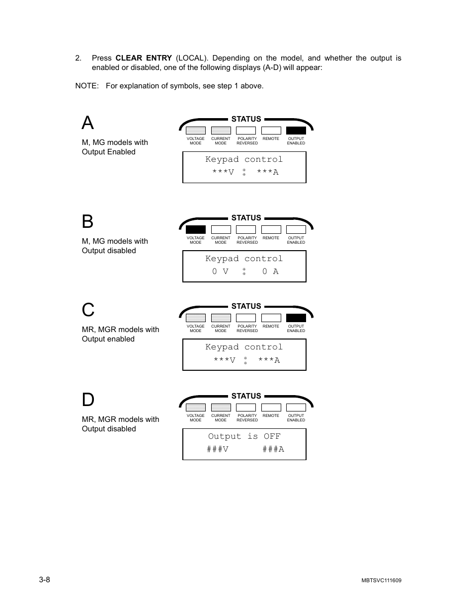 Keypad control ***v ***a, Keypad control 0 v 0 a, Keypad control | V ***a, Output is off ###v ###a | KEPCO MBT Series User Manual | Page 46 / 152