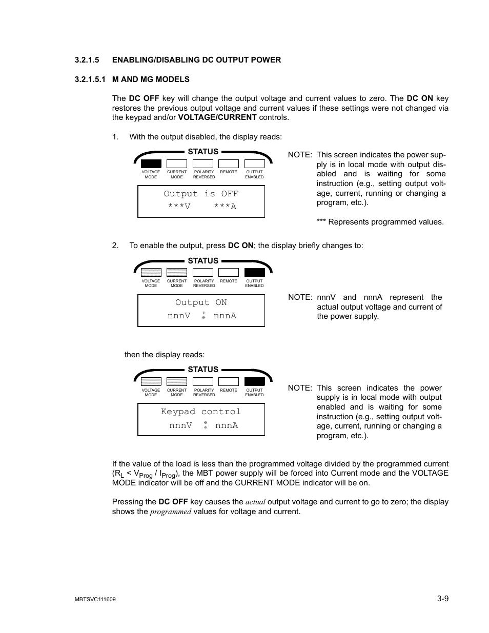 5 enabling/disabling dc output power, 1 m and mg models, Enabling/disabling dc output power -9 | M and mg models -9, Output is off ***v ***a, Output on nnnv nnna, Keypad control, Nnnv nnna | KEPCO MBT Series User Manual | Page 47 / 152