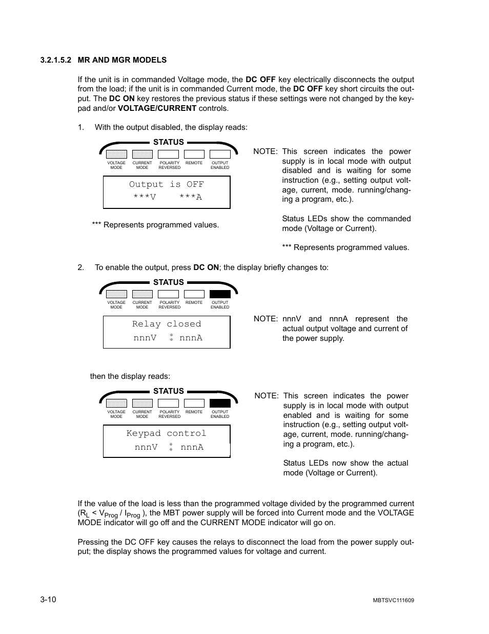 2 mr and mgr models, Mr and mgr models -10, Output is off ***v ***a | Relay closed, Nnnv nnna, Keypad control | KEPCO MBT Series User Manual | Page 48 / 152
