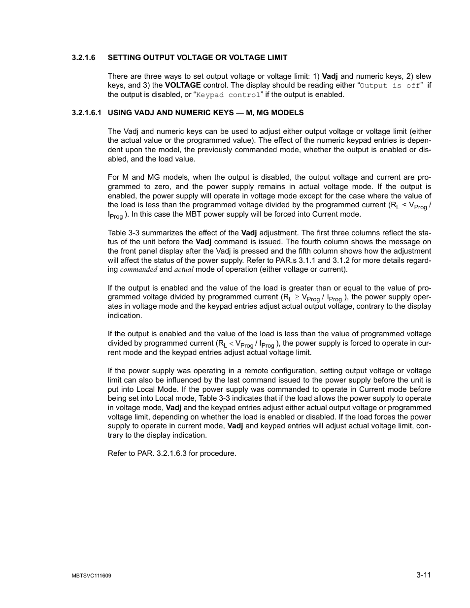 6 setting output voltage or voltage limit, 1 using vadj and numeric keys — m, mg models, Setting output voltage or voltage limit -11 | Using vadj and numeric keys — m, mg models -11 | KEPCO MBT Series User Manual | Page 49 / 152