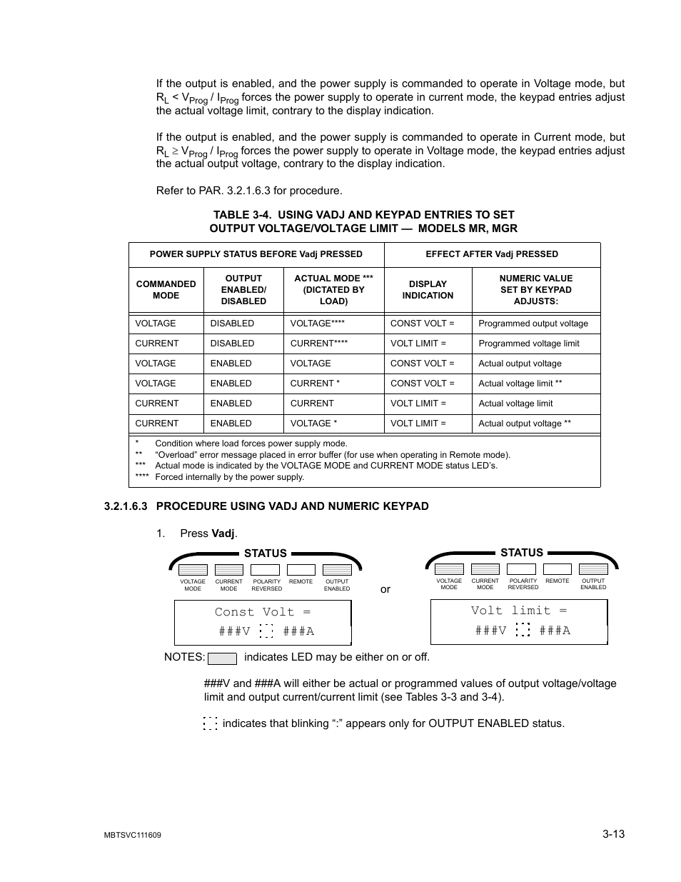 3 procedure using vadj and numeric keypad, Procedure using vadj and numeric keypad -13, R. 3.2.1.6.3 for p | Const volt = ###v ###a, Volt limit = ###v ###a | KEPCO MBT Series User Manual | Page 51 / 152