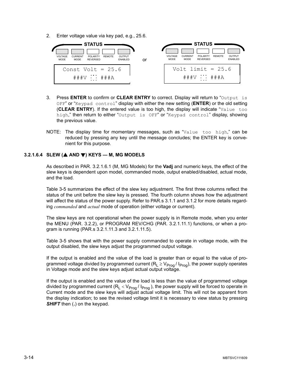 4 slew (s and t) keys — m, mg models, Slew, Const volt = 25.6 ###v ###a | Volt limit = 25.6 ###v ###a | KEPCO MBT Series User Manual | Page 52 / 152