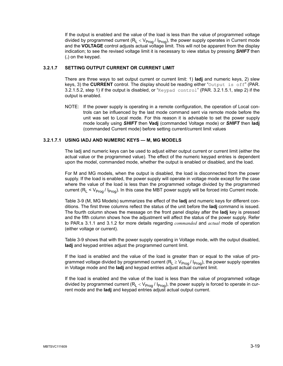7 setting output current or current limit, 1 using iadj and numeric keys — m, mg models, Setting output current or current limit -19 | Using iadj and numeric keys — m, mg models -19 | KEPCO MBT Series User Manual | Page 57 / 152