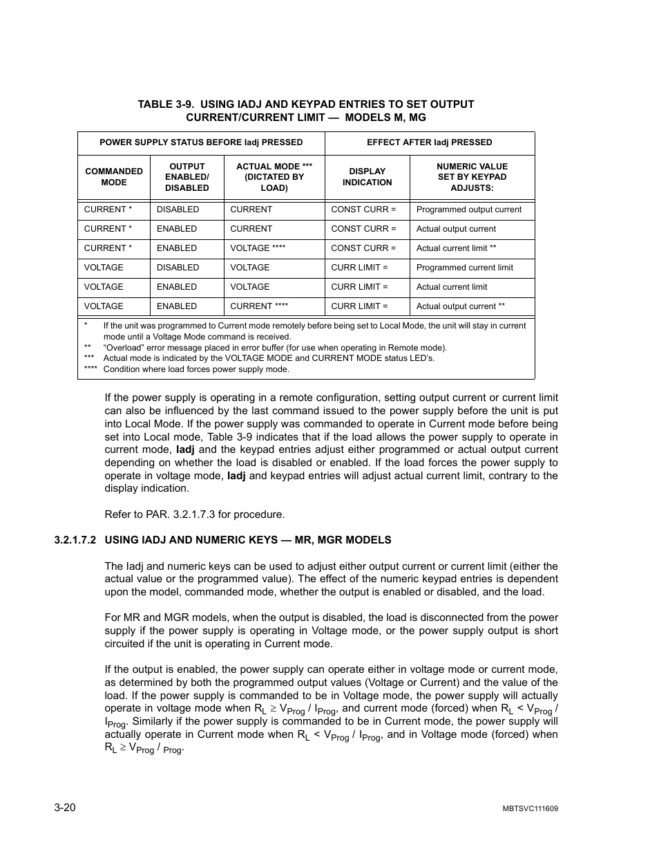 2 using iadj and numeric keys — mr, mgr models, Using iadj and numeric keys — mr, mgr models -20, 9 for | E 3-9 | KEPCO MBT Series User Manual | Page 58 / 152