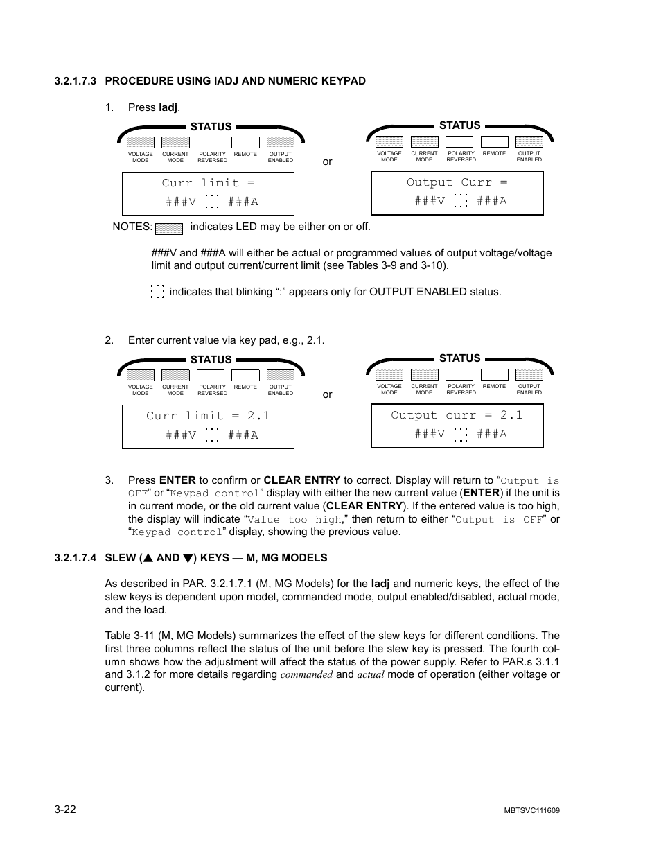 3 procedure using iadj and numeric keypad, 4 slew (s and t) keys — m, mg models, Procedure using iadj and numeric keypad -22 | Slew, R. 3.2.1.7.3 for p, Curr limit = ###v ###a, Output curr = ###v ###a, Curr limit = 2.1 ###v ###a, Output curr = 2.1 ###v ###a, Status | KEPCO MBT Series User Manual | Page 60 / 152