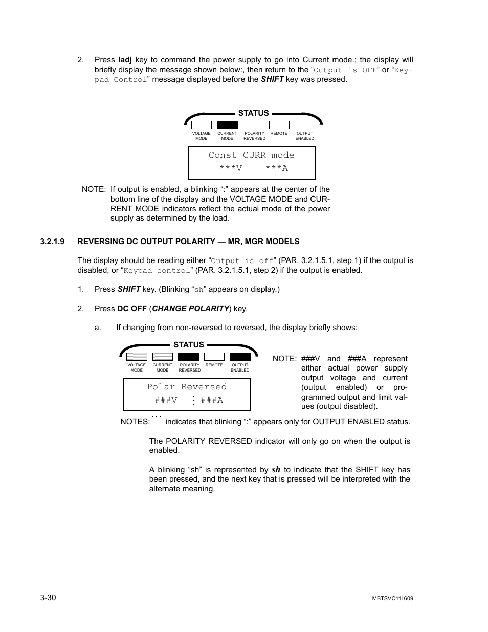 9 reversing dc output polarity — mr, mgr models, Reversing dc output polarity — mr, mgr models -30, Const curr mode | V ***a, Polar reversed, V ###a | KEPCO MBT Series User Manual | Page 68 / 152