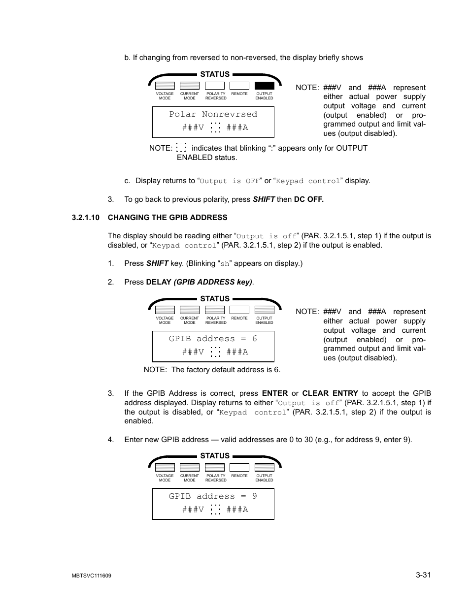 10 changing the gpib address, Changing the gpib address -31, Polar nonrevrsed | V ###a, Gpib address = 6, Gpib address = 9 ###v ###a | KEPCO MBT Series User Manual | Page 69 / 152