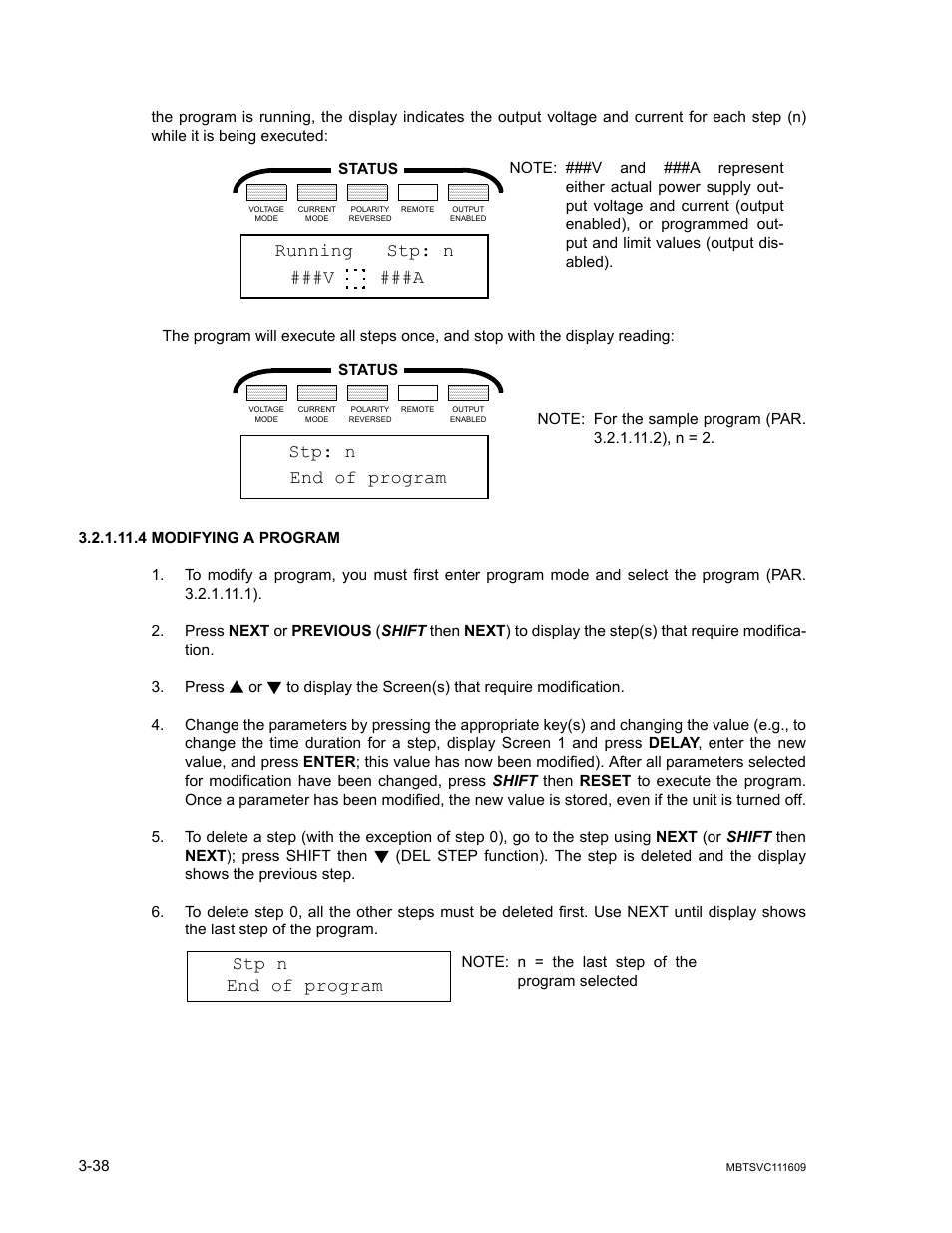 4 modifying a program, Modifying a program -38, R. 3.2.1.11.4 to mo | Ar. 3.2.1.11.4), Running stp: n ###v ###a, Stp: n end of program, Stp n, End of program | KEPCO MBT Series User Manual | Page 76 / 152