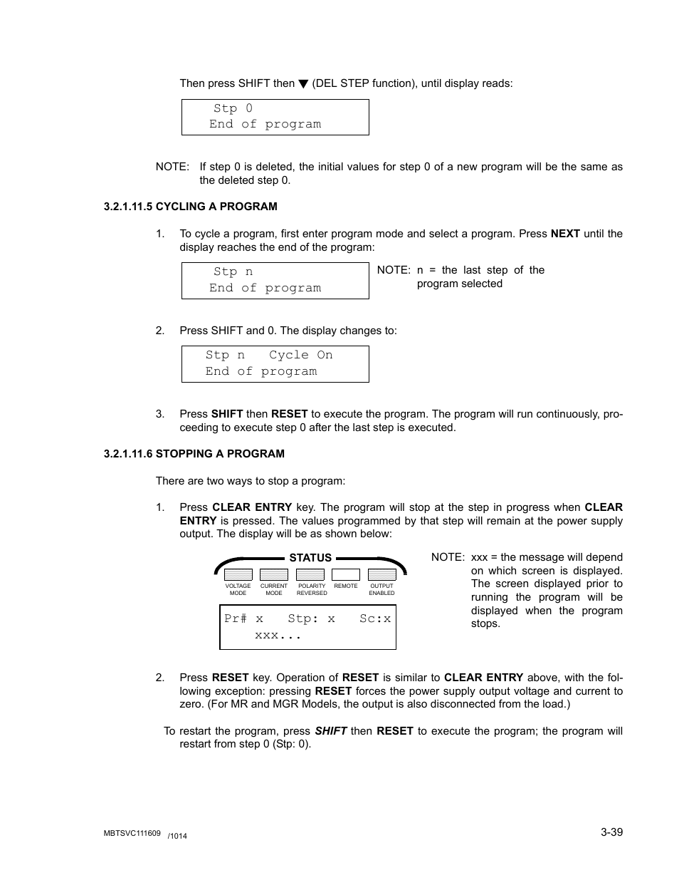 5 cycling a program, 6 stopping a program, Cycling a program -39 | Stopping a program -39, D 3.2.1.11.5, D 3.2.1.11.5), Stp 0, End of program stp n, End of program, Stp n cycle on end of program | KEPCO MBT Series User Manual | Page 77 / 152
