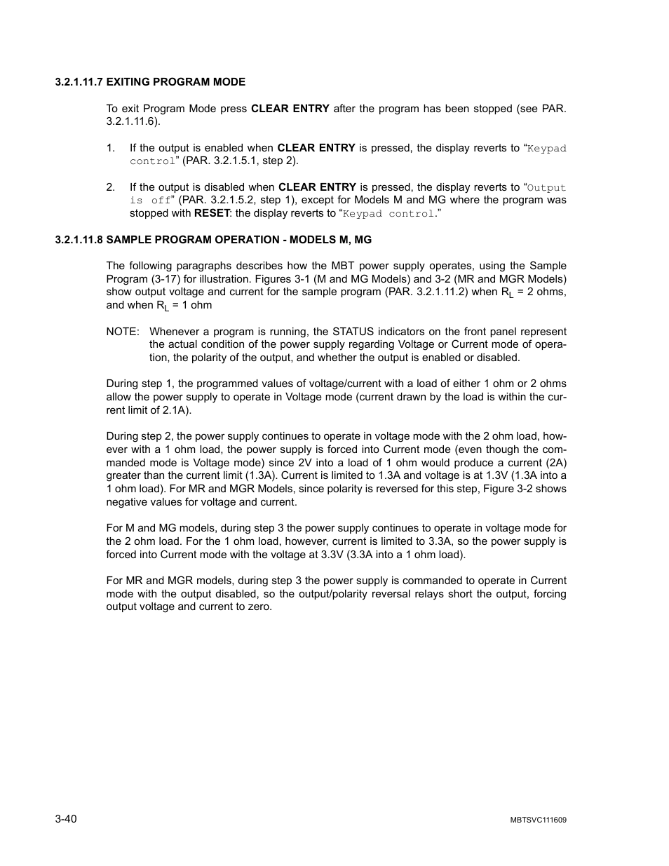 7 exiting program mode, 8 sample program operation - models m, mg, Exiting program mode -40 | Sample program operation - models m, mg -40 | KEPCO MBT Series User Manual | Page 78 / 152