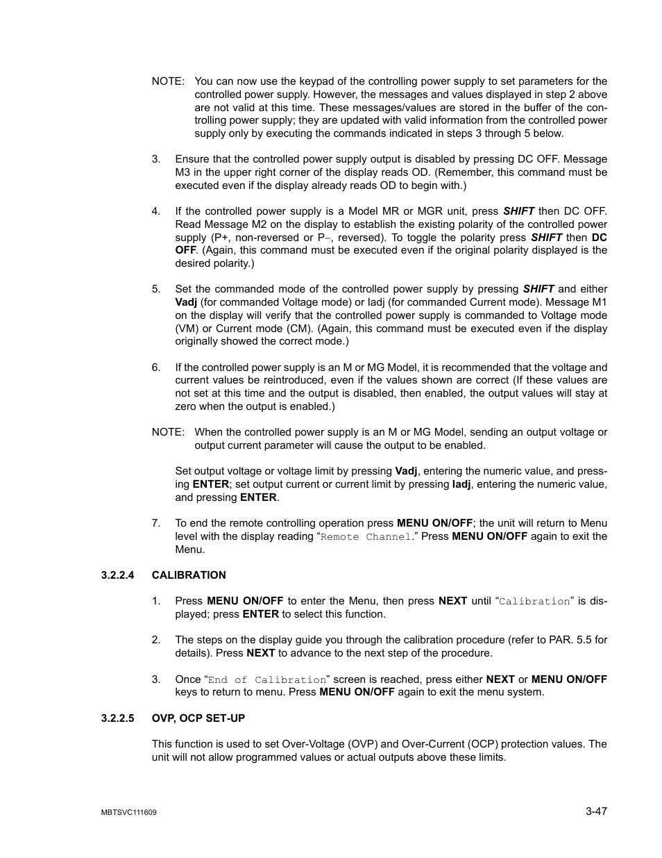 4 calibration, 5 ovp, ocp set-up, Calibration -47 | Ovp, ocp set-up -47 | KEPCO MBT Series User Manual | Page 85 / 152