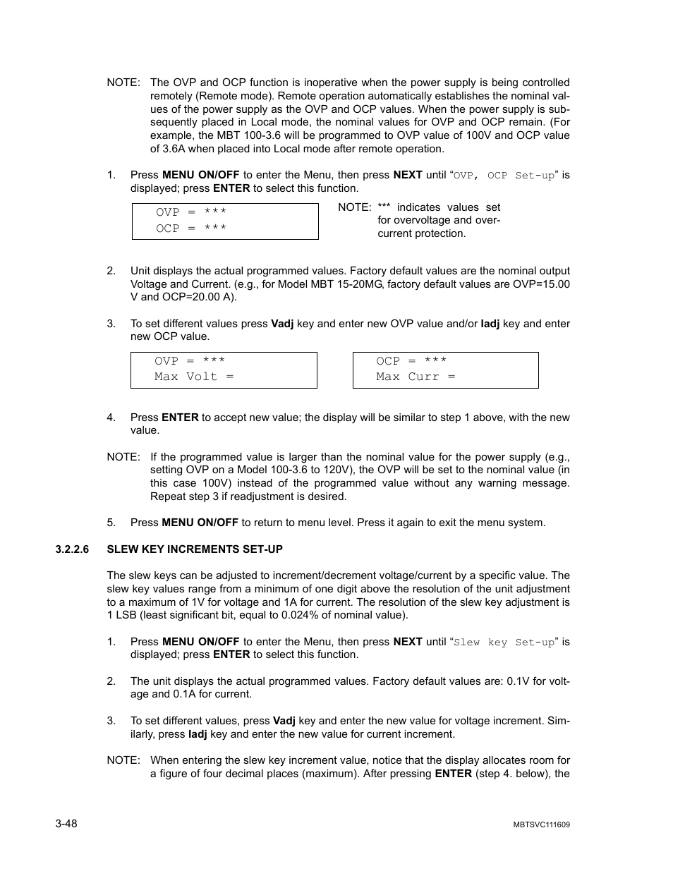 6 slew key increments set-up, Slew key increments set-up -48, R. 3.2.2.6) | KEPCO MBT Series User Manual | Page 86 / 152