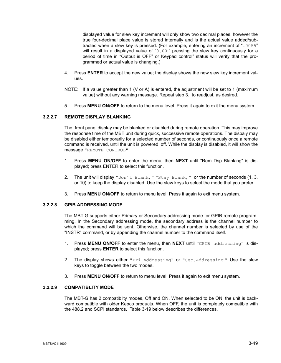 7 remote display blanking, 8 gpib addressing mode, 9 compatiblity mode | Remote display blanking -49, Gpib addressing mode -49, Compatiblity mode -49 | KEPCO MBT Series User Manual | Page 87 / 152