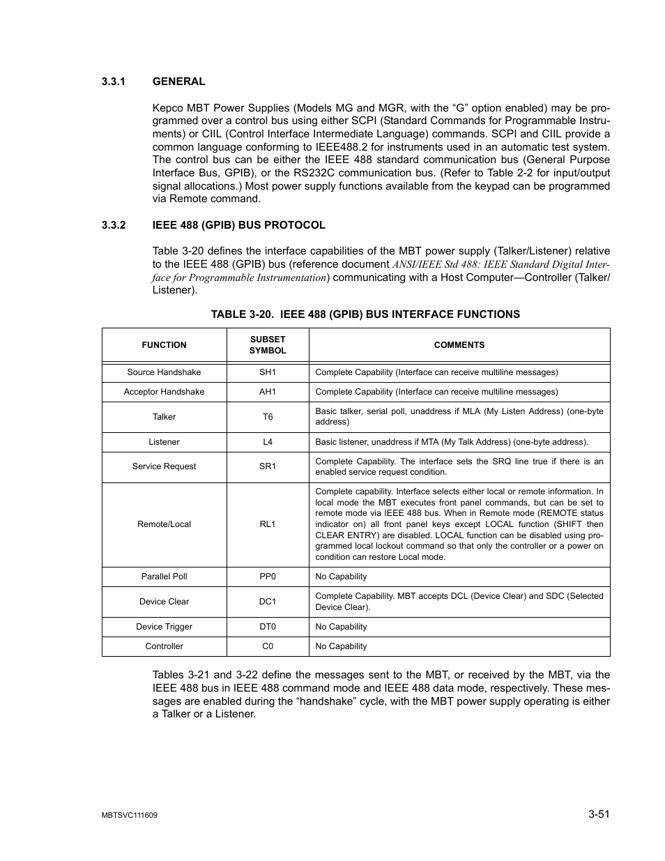 1 general, 2 ieee 488 (gpib) bus protocol, General -51 | Ieee 488 (gpib) bus protocol -51, 20 ieee 488 (gpib) bus interface functions -51 | KEPCO MBT Series User Manual | Page 89 / 152