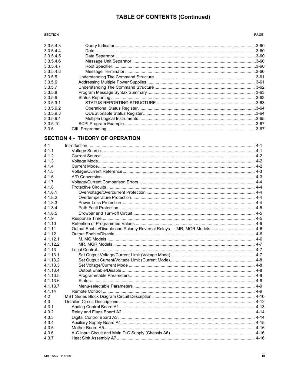 Section 4 - theory of operation, Table of contents (continued) | KEPCO MBT Series User Manual | Page 9 / 152