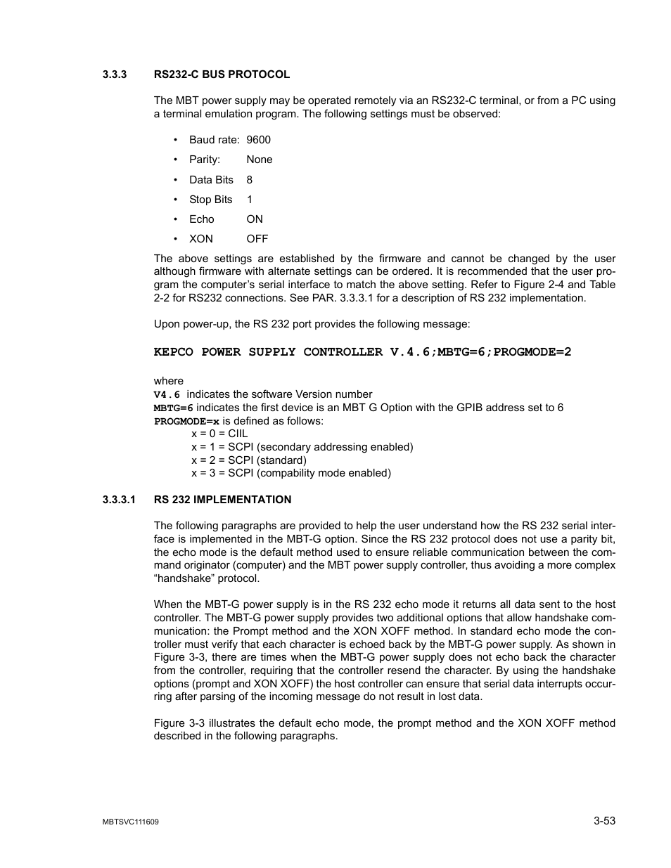 3 rs232-c bus protocol, 1 rs 232 implementation, Rs232-c bus protocol -53 | Rs 232 implementation -53 | KEPCO MBT Series User Manual | Page 91 / 152