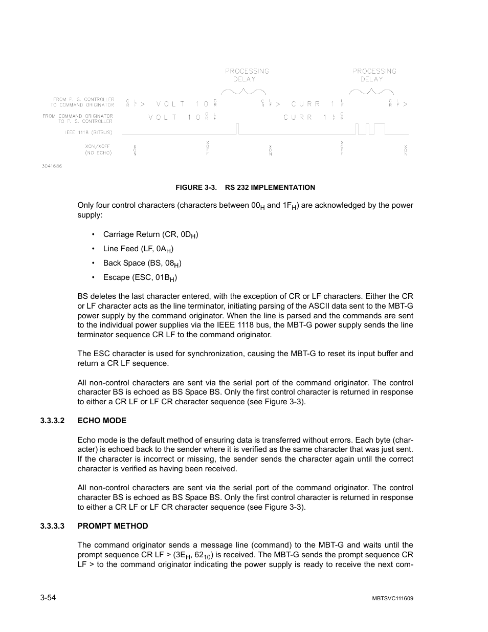 Figure 3-3. rs 232 implementation, 2 echo mode, 3 prompt method | Echo mode -54, Prompt method -54, Rs 232 implementation -54, 3, th, Figure 3-3 illustrates | KEPCO MBT Series User Manual | Page 92 / 152