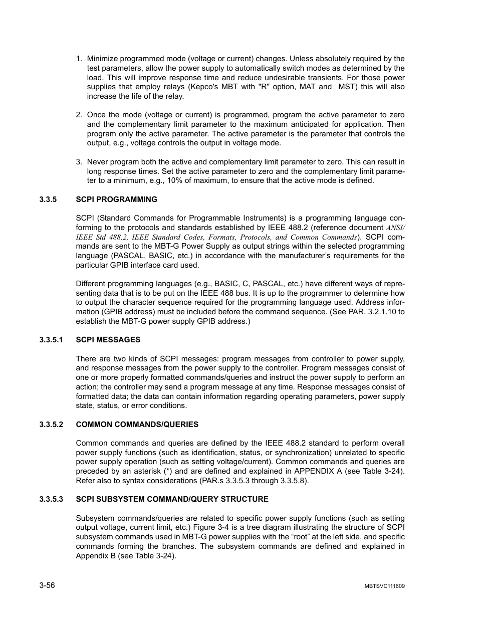 5 scpi programming, 1 scpi messages, 2 common commands/queries | 3 scpi subsystem command/query structure, Scpi programming -56, Scpi messages -56, Common commands/queries -56, Scpi subsystem command/query structure -56 | KEPCO MBT Series User Manual | Page 94 / 152