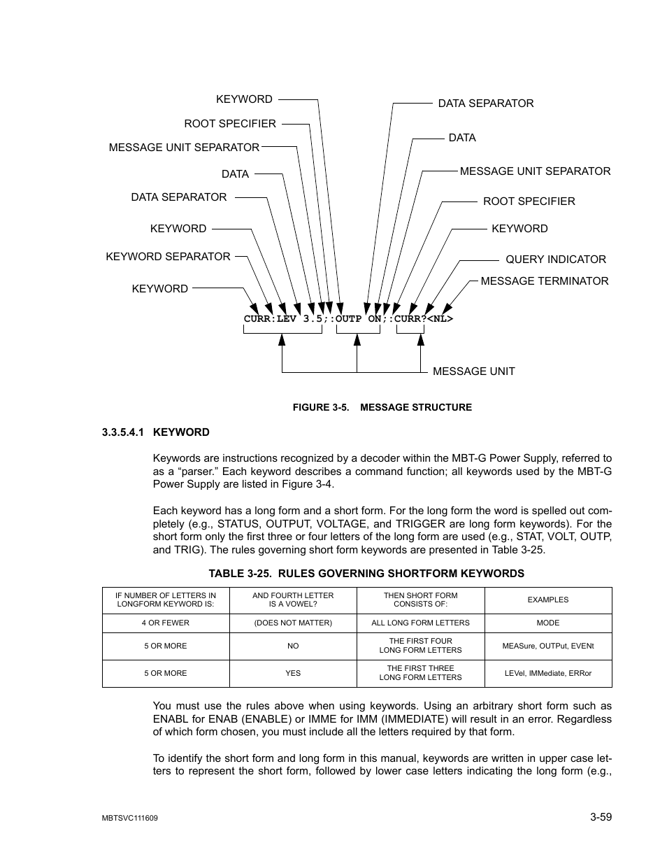 Figure 3-5. message structure, 1 keyword, Table 3-25. rules governing shortform keywords | Keyword -59, Message structure -59, 25 rules governing shortform keywords -59 | KEPCO MBT Series User Manual | Page 97 / 152