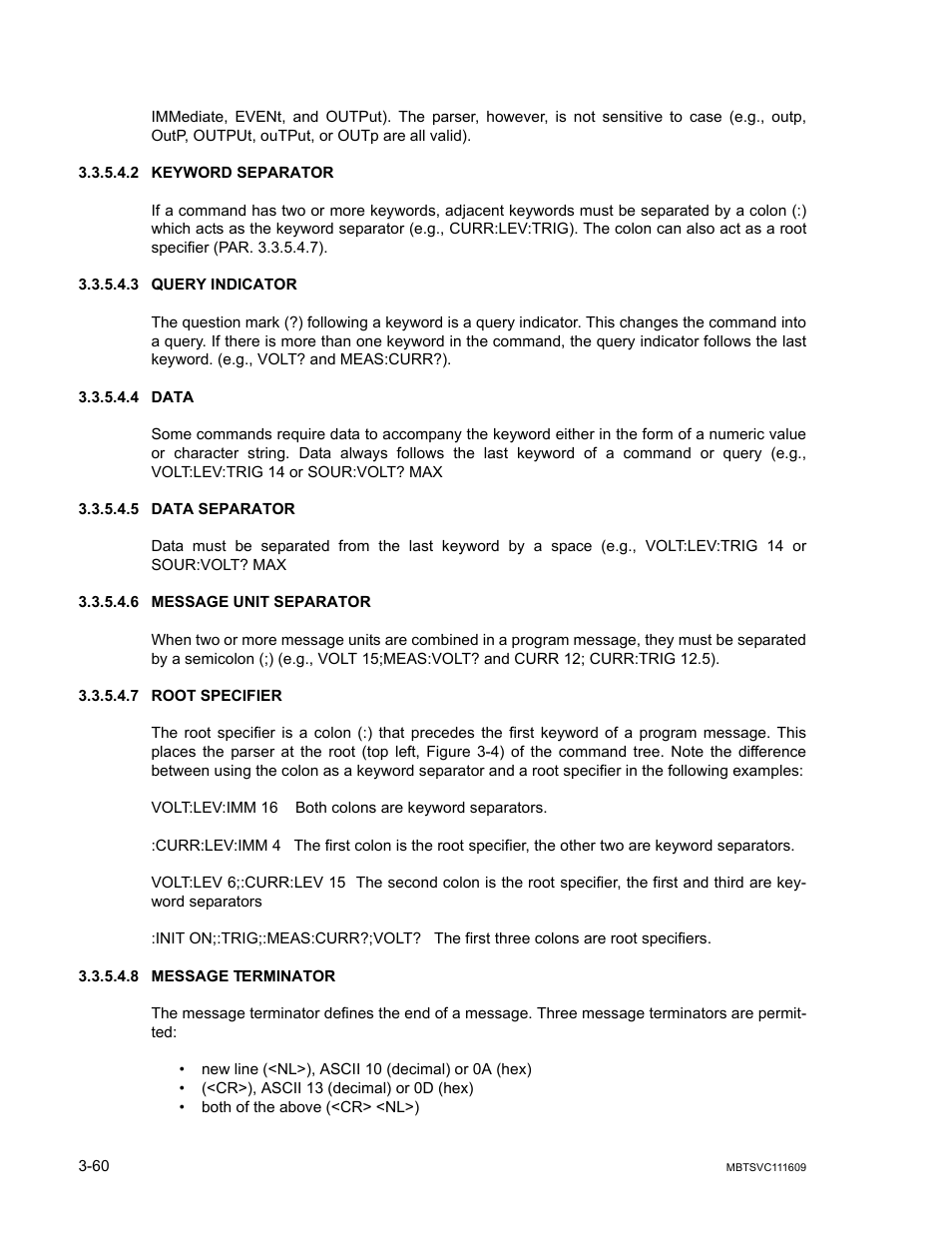 2 keyword separator, 3 query indicator, 4 data | 5 data separator, 6 message unit separator, 7 root specifier, 8 message terminator, Keyword separator -60, Query indicator -60, Data -60 | KEPCO MBT Series User Manual | Page 98 / 152