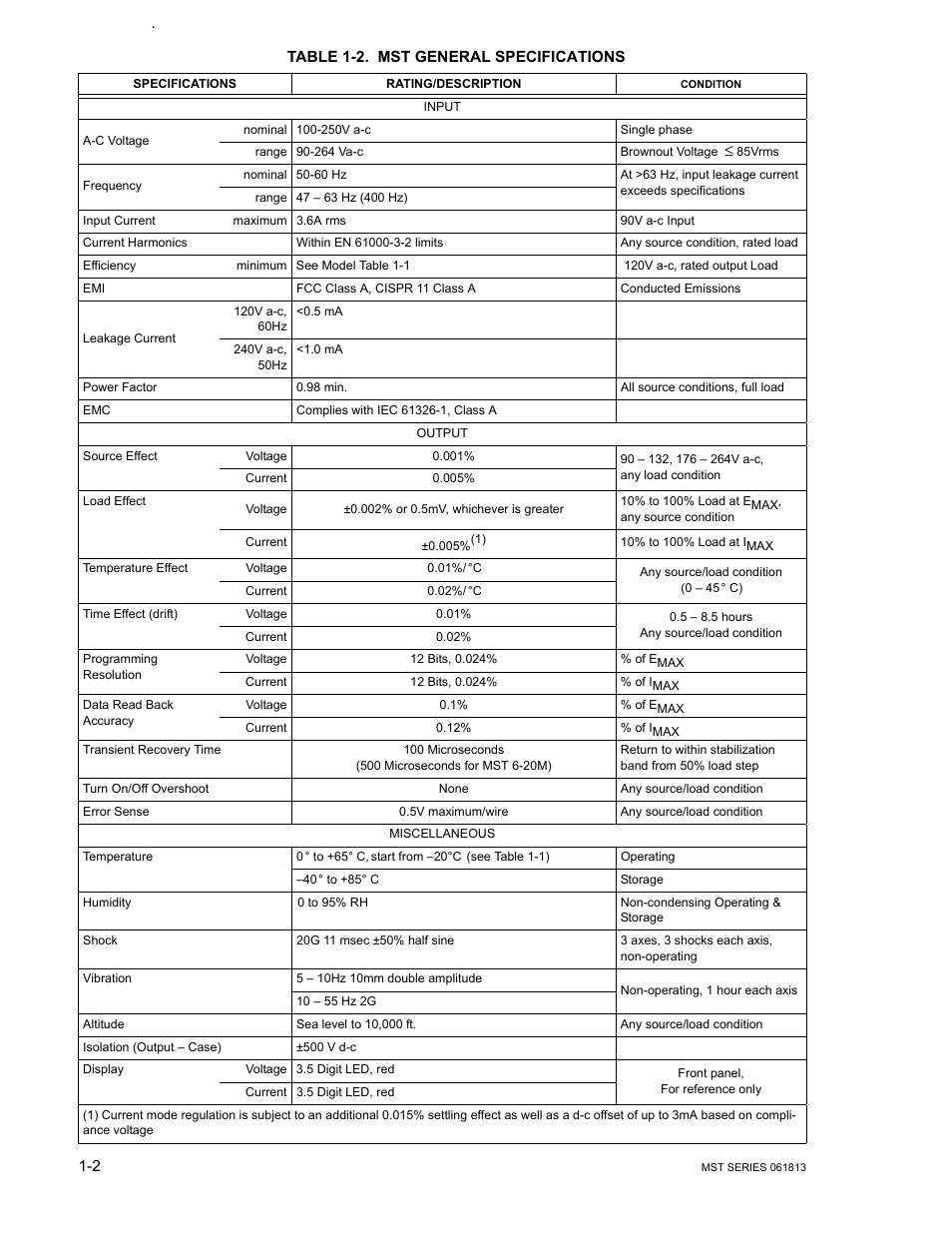 Table 1-2. mst general specifications, Mst general specifications -2 | KEPCO MST Series User Manual | Page 12 / 44