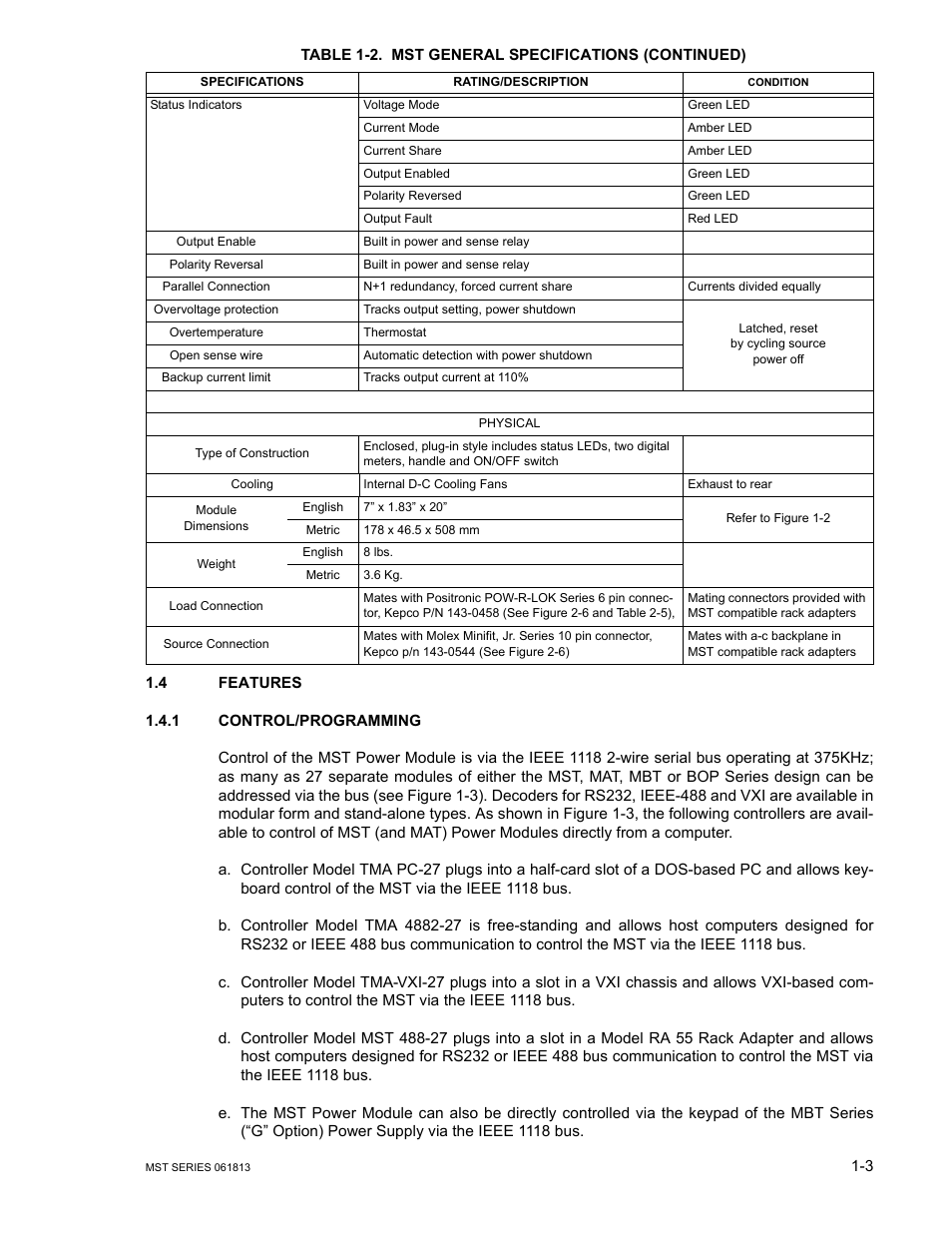 4 features, 1 control/programming, Features -3 | Control/programming -3 | KEPCO MST Series User Manual | Page 13 / 44