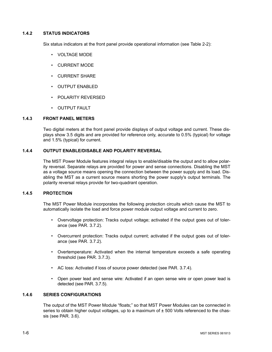 2 status indicators, 3 front panel meters, 4 output enable/disable and polarity reversal | 5 protection, 6 series configurations, Status indicators -6, Front panel meters -6, Output enable/disable and polarity reversal -6, Protection -6, Series configurations -6 | KEPCO MST Series User Manual | Page 16 / 44