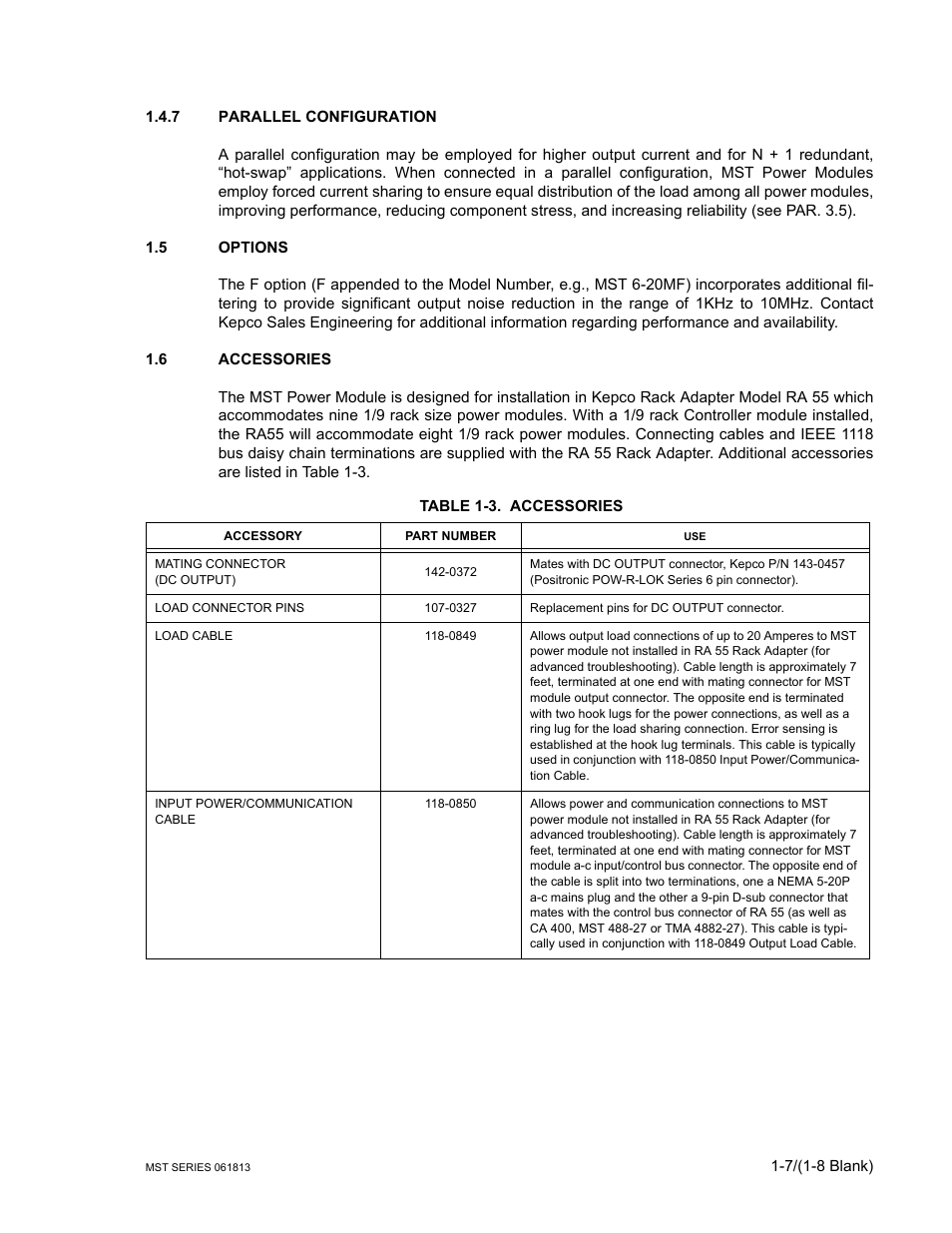 7 parallel configuration, 5 options, 6 accessories | Table 1-3. accessories, Parallel configuration -7, Options -7, Accessories -7 | KEPCO MST Series User Manual | Page 17 / 44