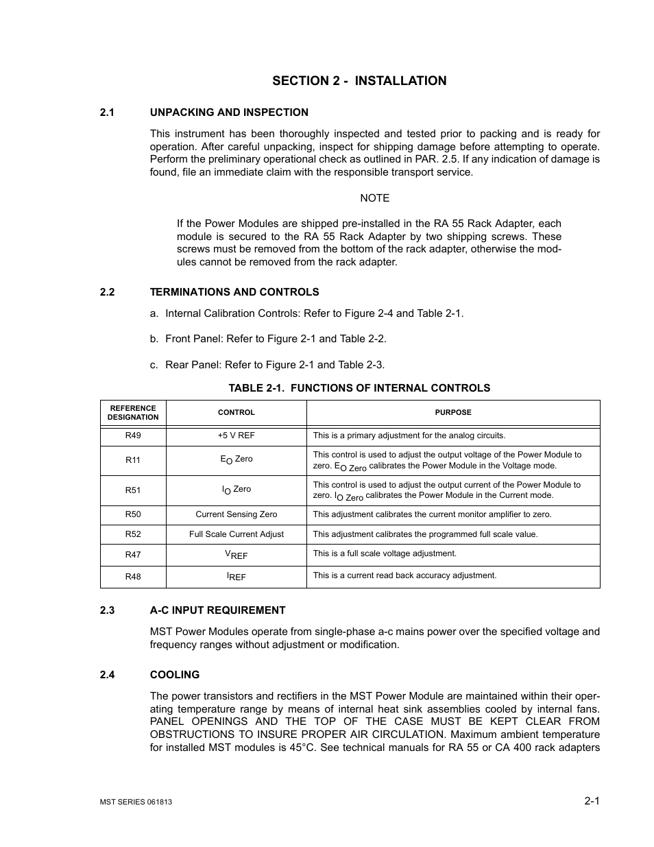 Section 2 - installation, 1 unpacking and inspection, 2 terminations and controls | Table 2-1. functions of internal controls, 3 a-c input requirement, 4 cooling, Unpacking and inspection -1, Terminations and controls -1, A-c input requirement -1, Cooling -1 | KEPCO MST Series User Manual | Page 19 / 44