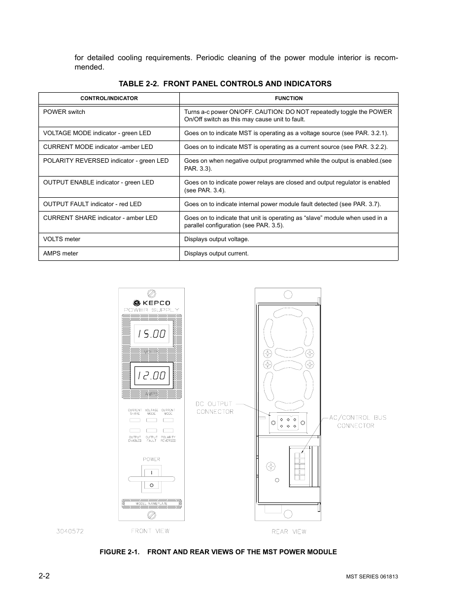 Table 2-2. front panel controls and indicators, Front and rear views of the mst power module -2, Front panel controls and indicators -2 | KEPCO MST Series User Manual | Page 20 / 44