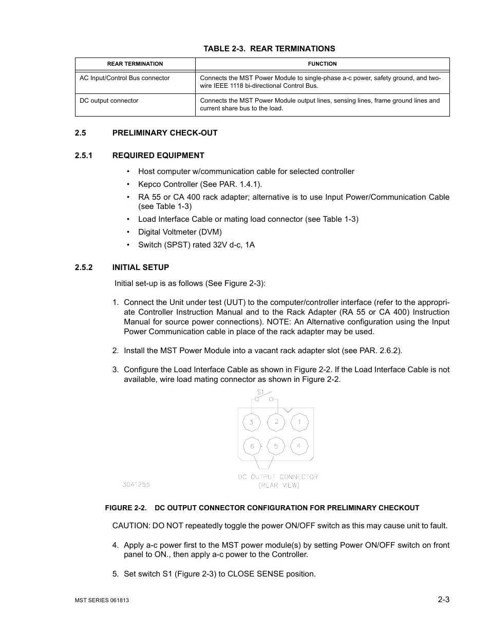 Table 2-3. rear terminations, 5 preliminary check-out, 1 required equipment | 2 initial setup, Preliminary check-out -3, Required equipment -3, Initial setup -3, Rear terminations -3 | KEPCO MST Series User Manual | Page 21 / 44