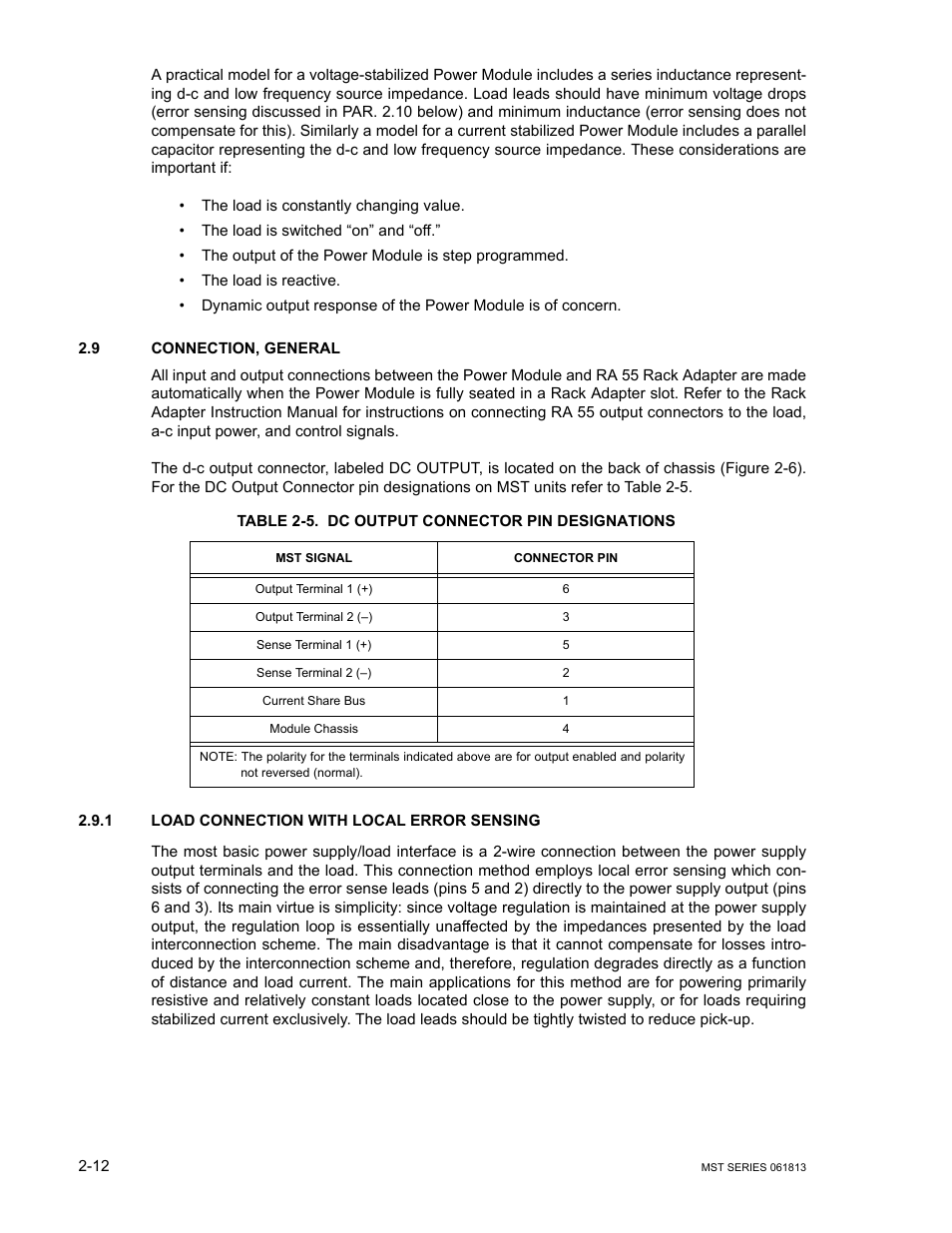 9 connection, general, Table 2-5. dc output connector pin designations, 1 load connection with local error sensing | Connection, general -12, Load connection with local error sensing -12, Dc output connector pin designations -12, E 2-5) | KEPCO MST Series User Manual | Page 30 / 44