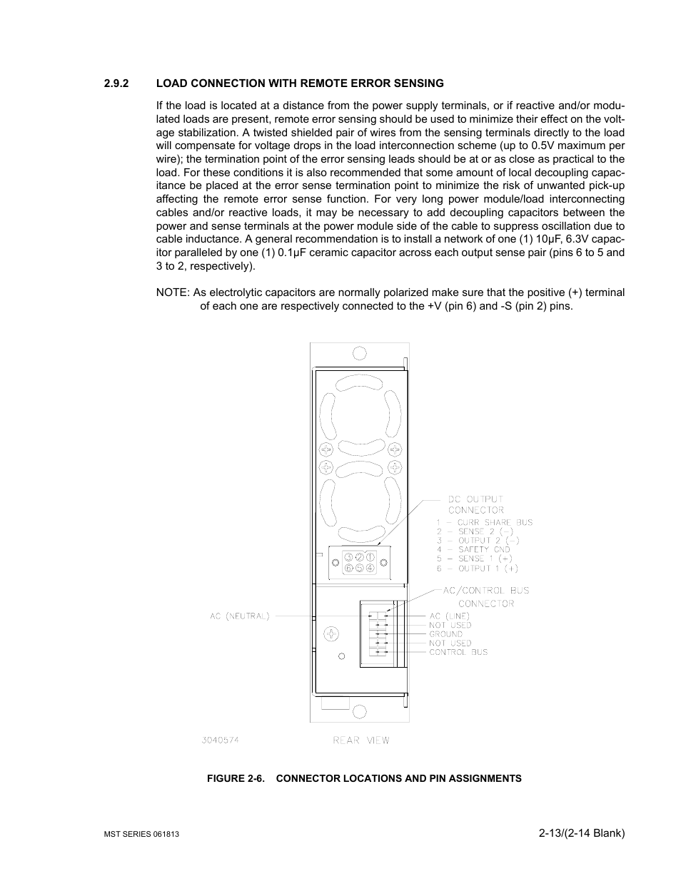 2 load connection with remote error sensing, Load connection with remote error sensing -13, Connector locations and pin assignments -13 | Figure 2-6 and t, E 2-6) | KEPCO MST Series User Manual | Page 31 / 44