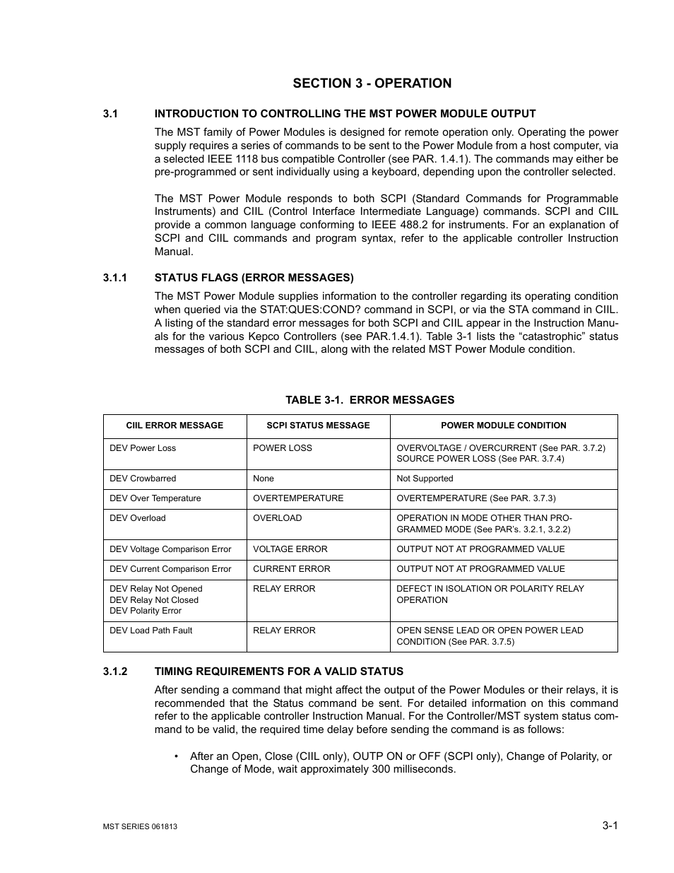 Section 3 - operation, 1 status flags (error messages), Table 3-1. error messages | 2 timing requirements for a valid status, Status flags (error messages) -1, Timing requirements for a valid status -1, Error messages -1 | KEPCO MST Series User Manual | Page 33 / 44