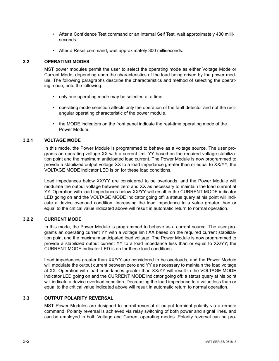2 operating modes, 1 voltage mode, 2 current mode | 3 output polarity reversal, Operating modes -2, Voltage mode -2, Current mode -2, Output polarity reversal -2, R. 3.3), S. 3.2.1, 3.2.2) | KEPCO MST Series User Manual | Page 34 / 44