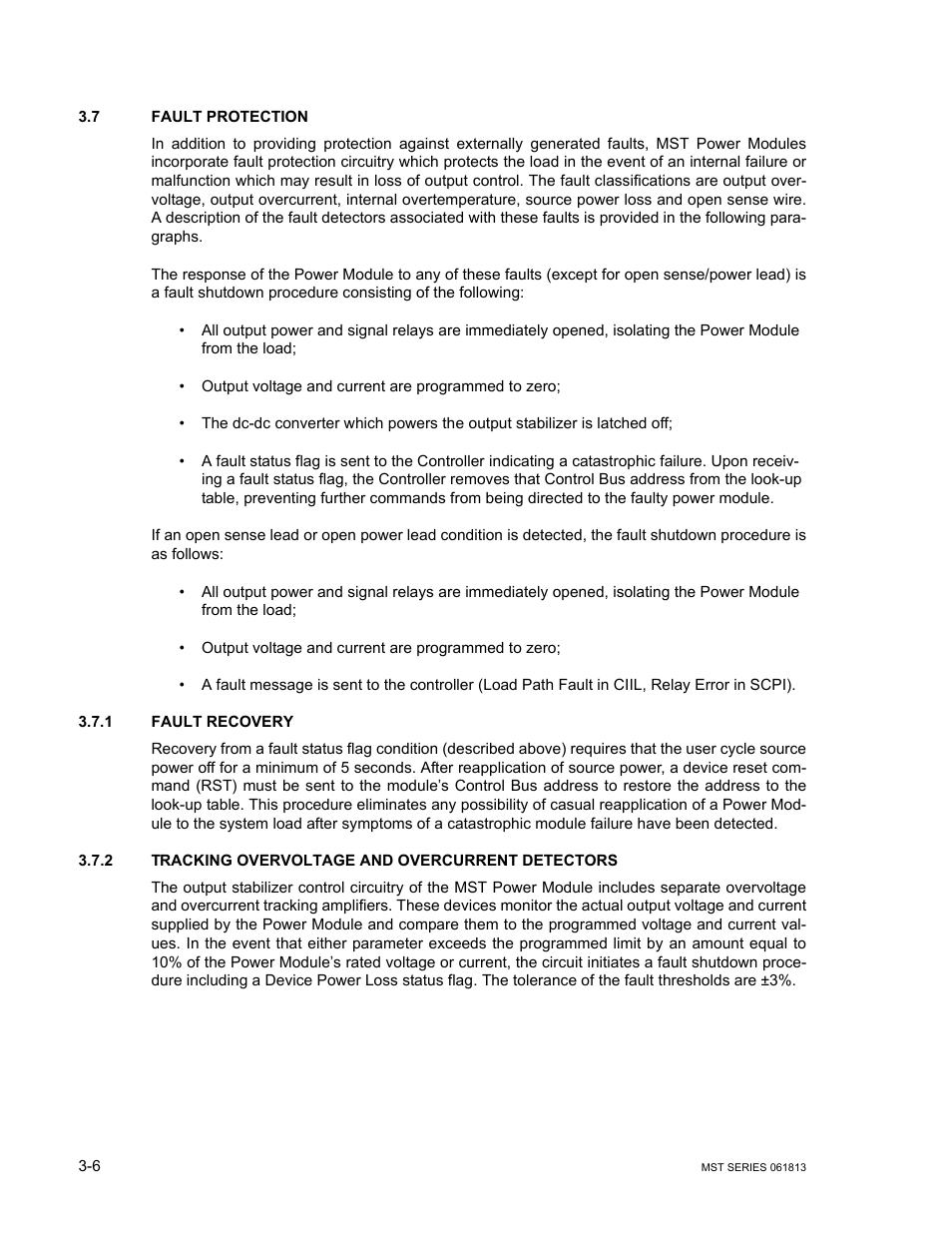 7 fault protection, 1 fault recovery, 2 tracking overvoltage and overcurrent detectors | Fault protection -6, Fault recovery -6, Tracking overvoltage and overcurrent detectors -6, R. 3.7.2) | KEPCO MST Series User Manual | Page 38 / 44
