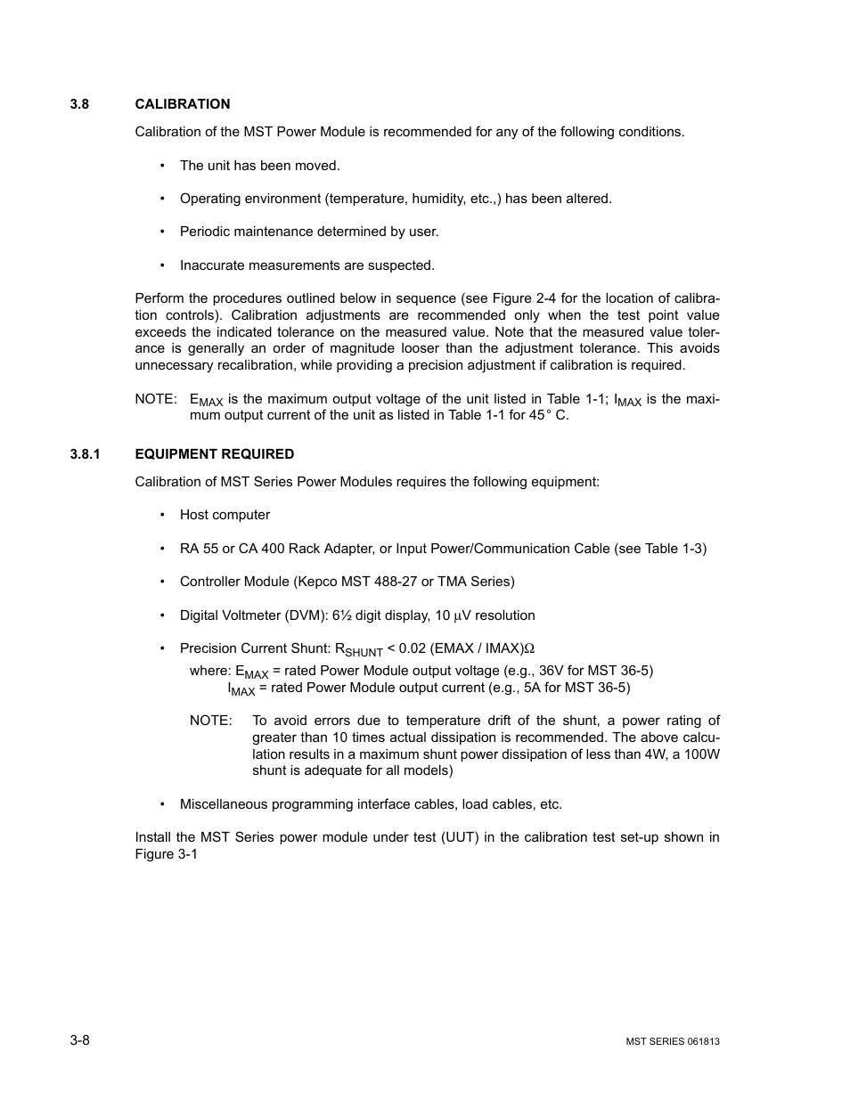 8 calibration, 1 equipment required, Calibration -8 | Equipment required -8 | KEPCO MST Series User Manual | Page 40 / 44