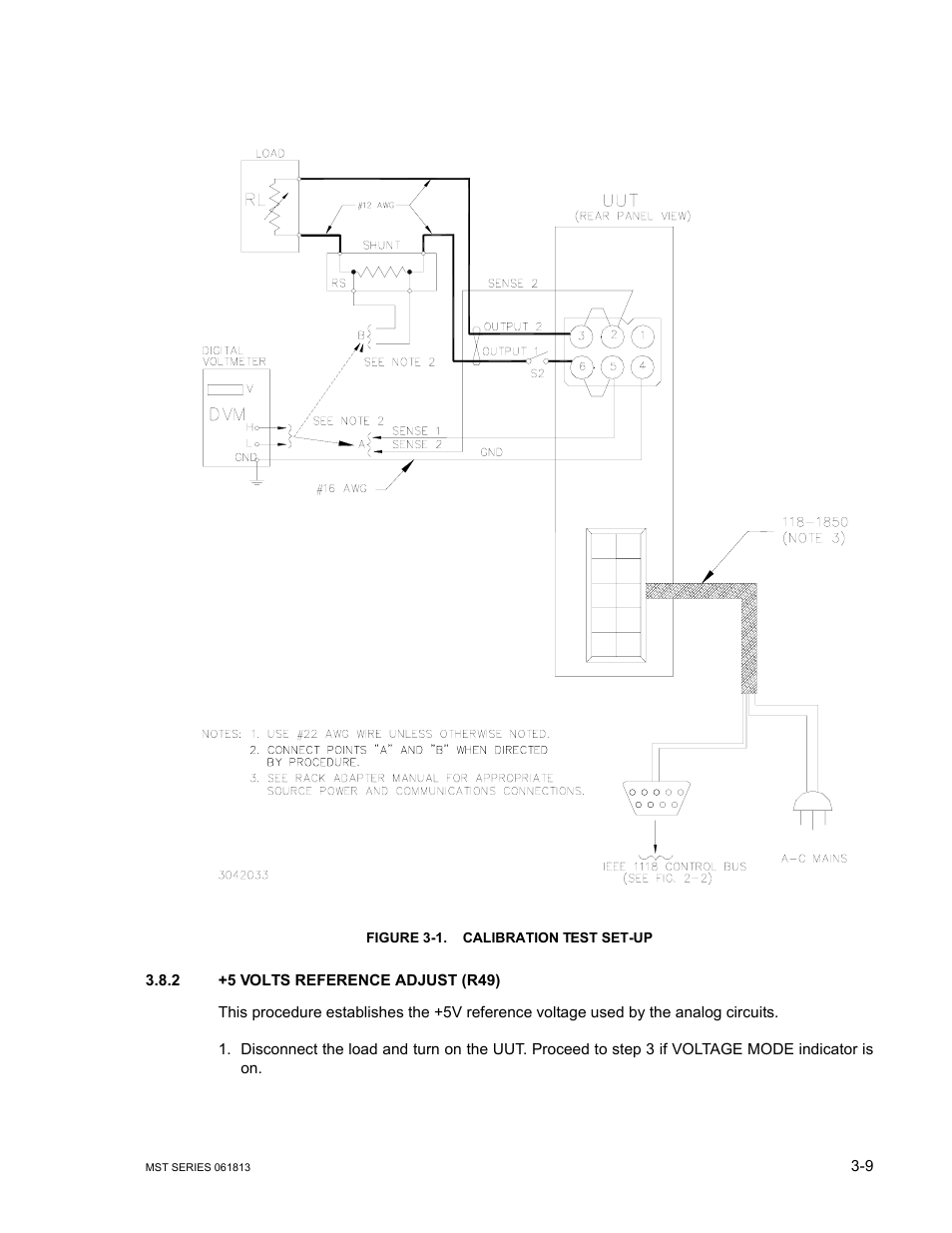 Figure 3-1. calibration test set-up, 2 +5 volts reference adjust (r49), 5 volts reference adjust (r49) -9 | Calibration test set-up -9 | KEPCO MST Series User Manual | Page 41 / 44