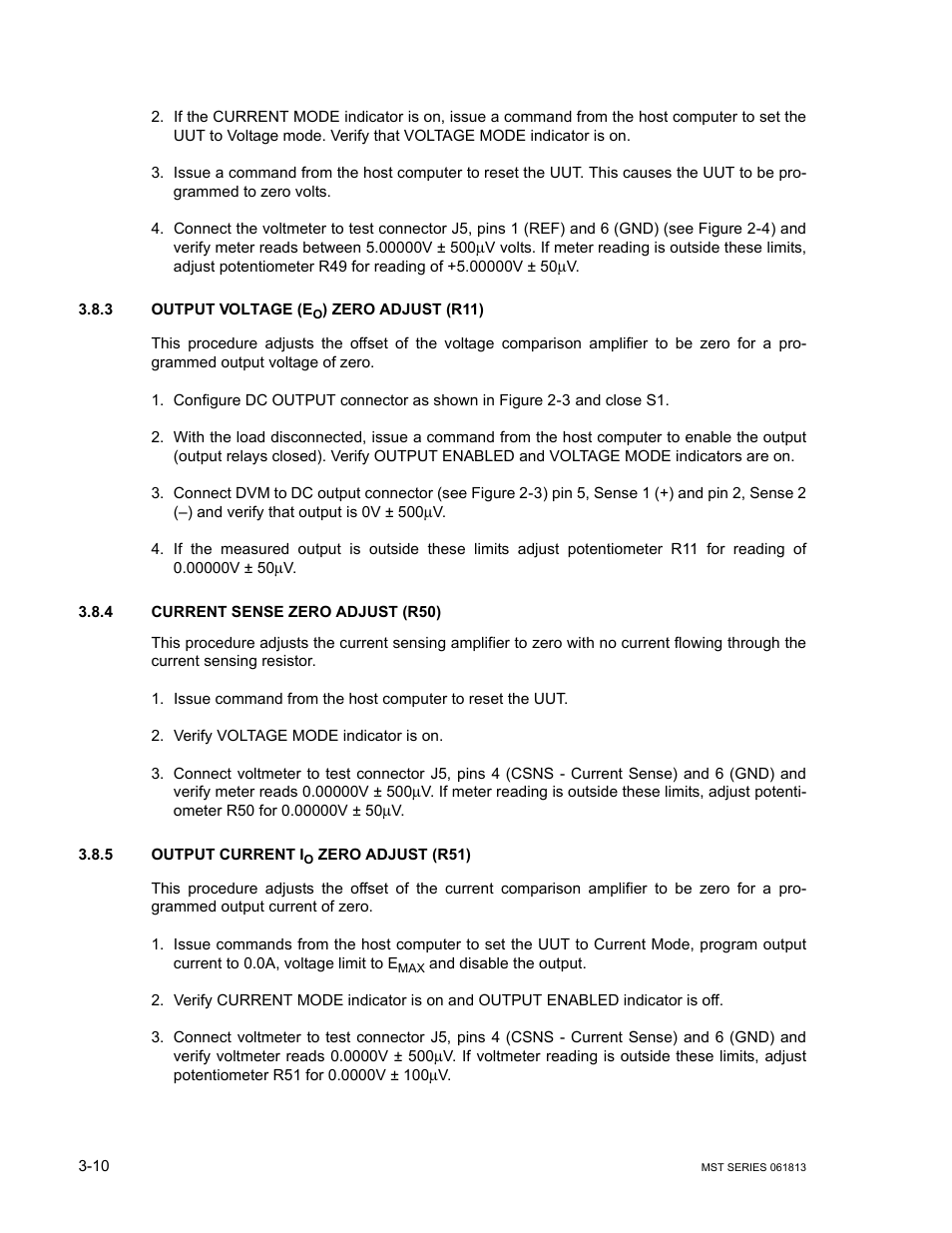 3 output voltage (eo) zero adjust (r11), 4 current sense zero adjust (r50), 5 output current io zero adjust (r51) | Output voltage (e, Current sense zero adjust (r50) -10, Output current i | KEPCO MST Series User Manual | Page 42 / 44